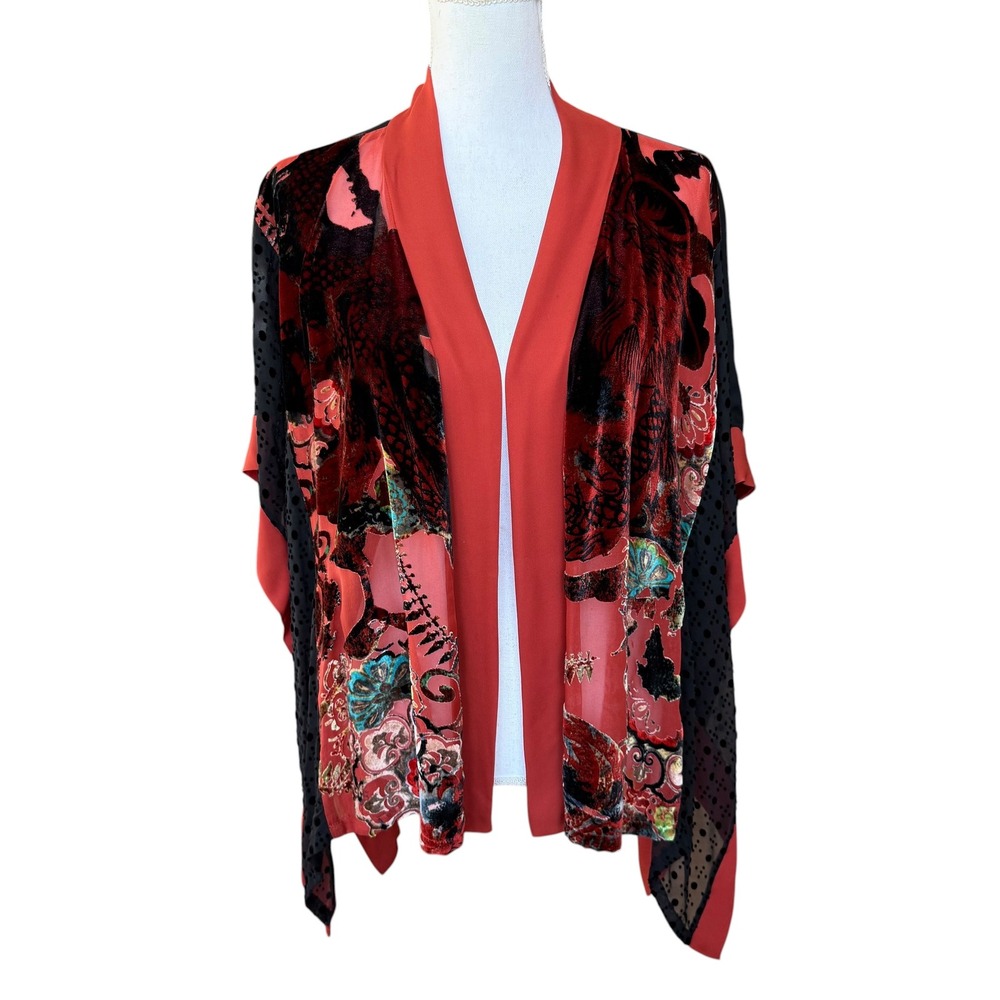 Harari Silk Rayon Burnout Velvet Kimono Wrap Red Black Floral Dragon One Size‎